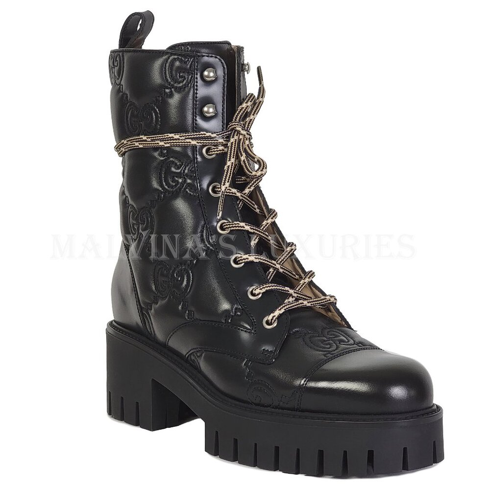 GUCCI BOOTS ANKLE BLACK GG LOGO LEATHER QUILTED LACE-UP sz 39.5 9.5 US - Picture 7 of 16